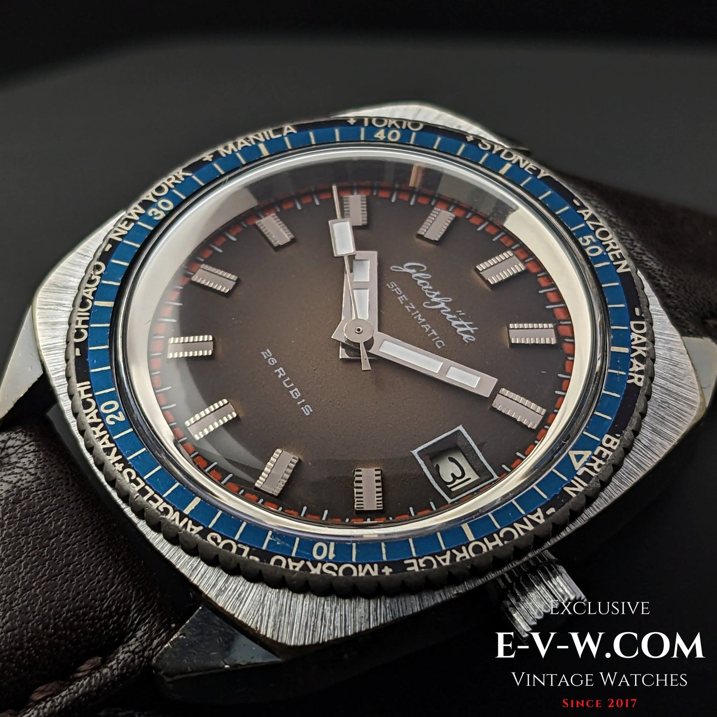 Rare montre GUB Glashütte SPEZIMATIC HEURE MONDIALE / 26 RUBIS Automatique cal. 75 / Vintage années 1960