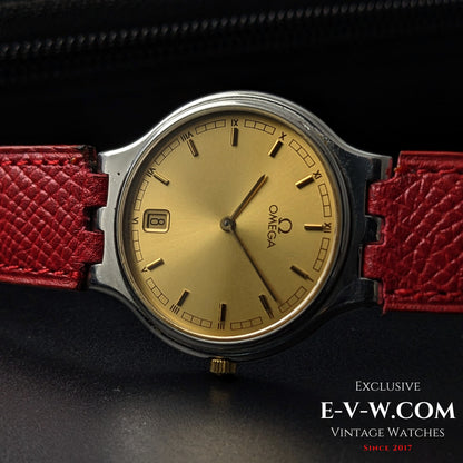 Side angle of Omega vintage 24-hour dial watch with gold-tone dial and red strap, Ref. 3961016, ideal for collectors.