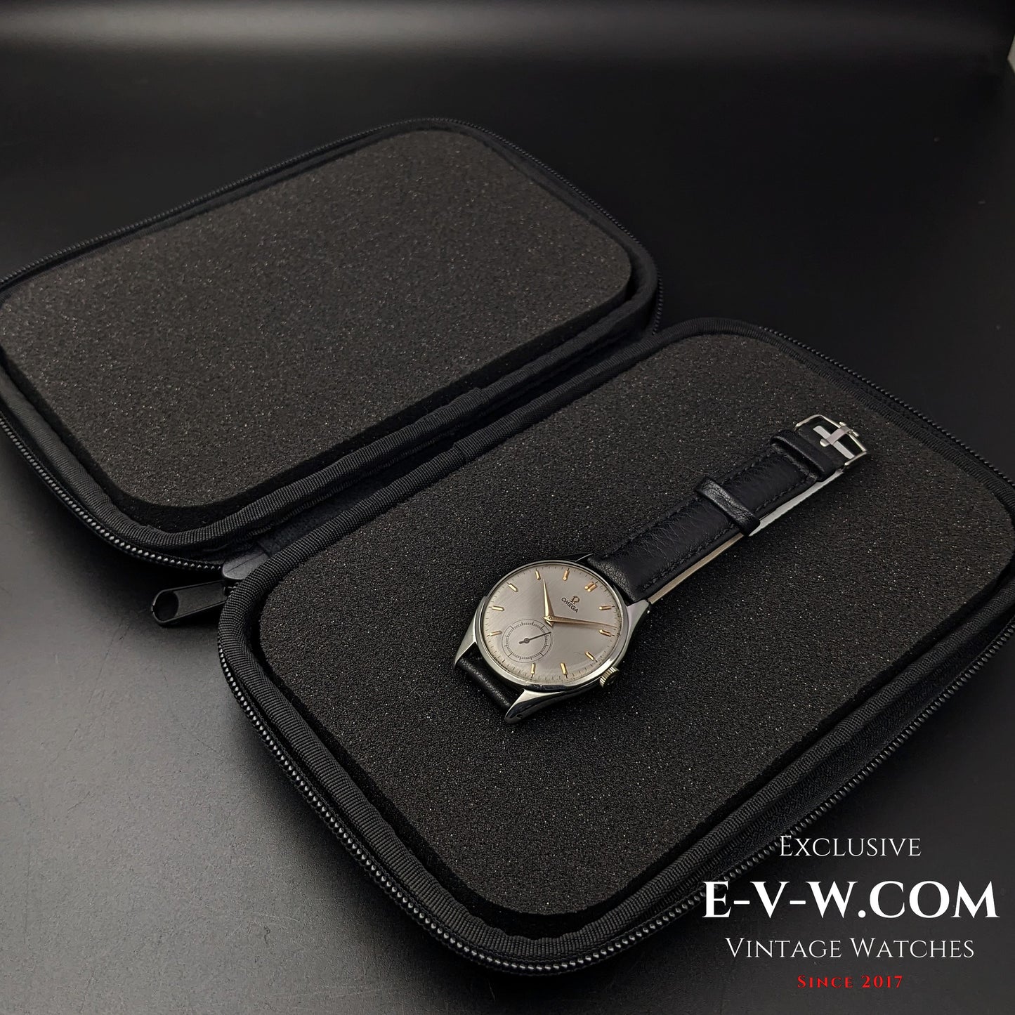 Omega Jumbo 38mm Ref. 2505 20 wristwatch placed inside a protective black travel case, ensuring safe storage for this vintage timepiece.