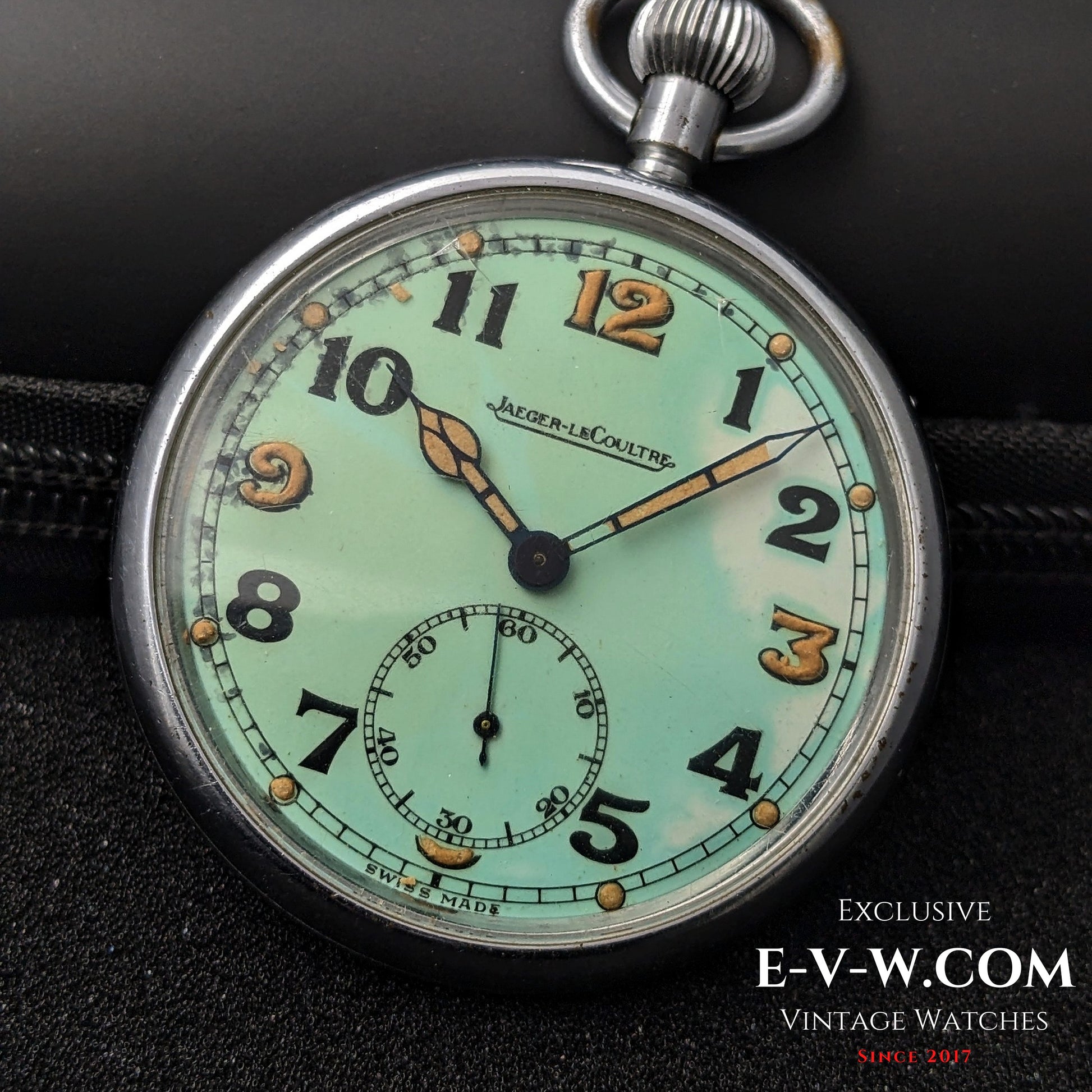 Front view of Jaeger-LeCoultre WWII Military Watch Cal. 467 Vintage 1940 with clear dial and sub-seconds register.