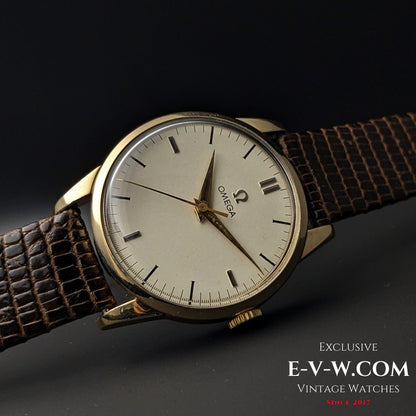 Vintage Omega Classic Gold Plaque watch with a minimalist dial and gold-tone case, a timeless collector's piece from 1952.