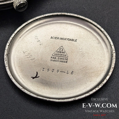 Inside case back of Omega Vintage 1952 Jumbo Ref. 2505 wristwatch, engraved with Swiss-made markings and reference number.