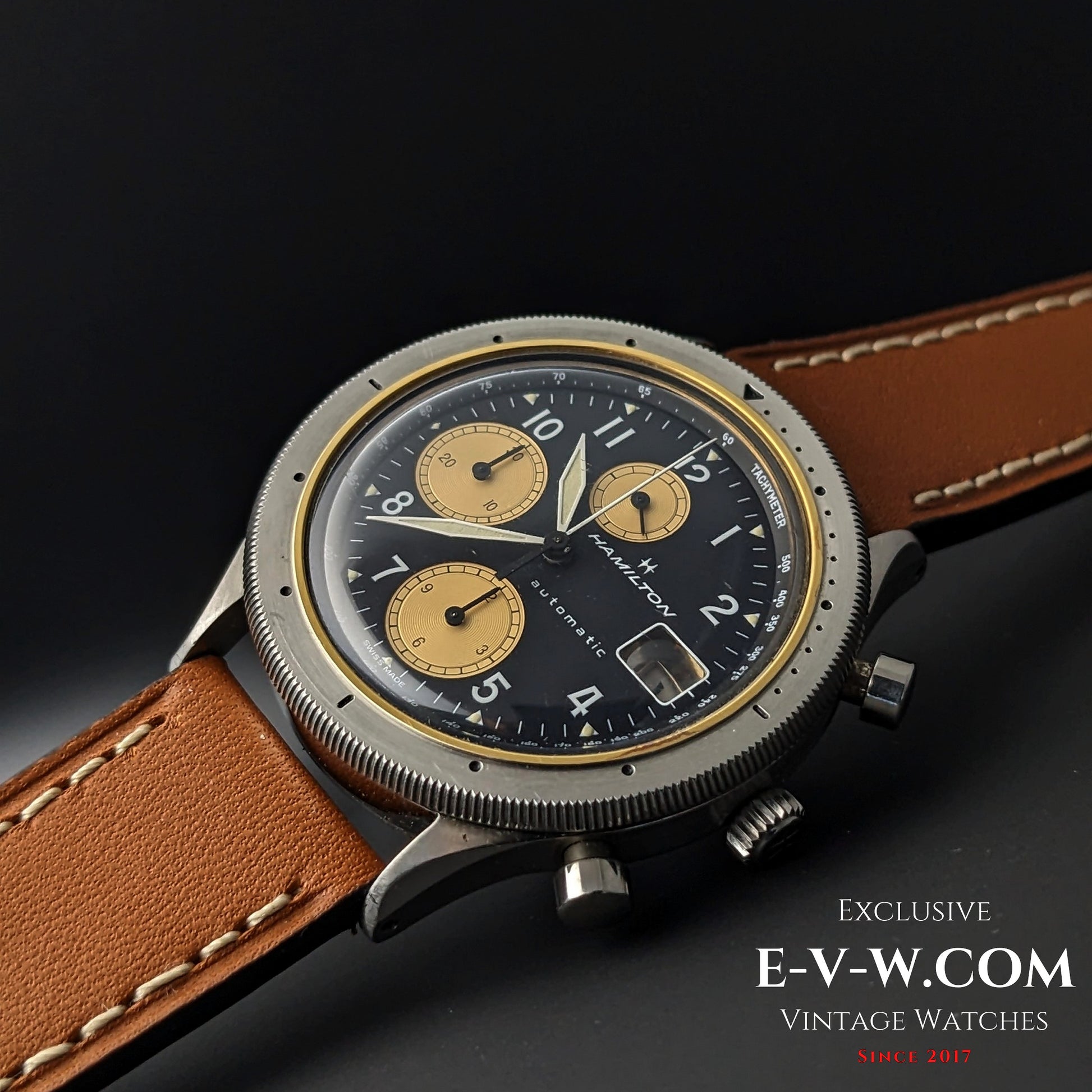 Side profile of Vintage Hamilton Automatic Chronograph for Collectors with pushers and crown, highlighting its robust steel case.