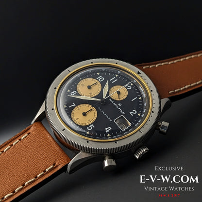 Side profile of Vintage Hamilton Automatic Chronograph for Collectors with pushers and crown, highlighting its robust steel case.