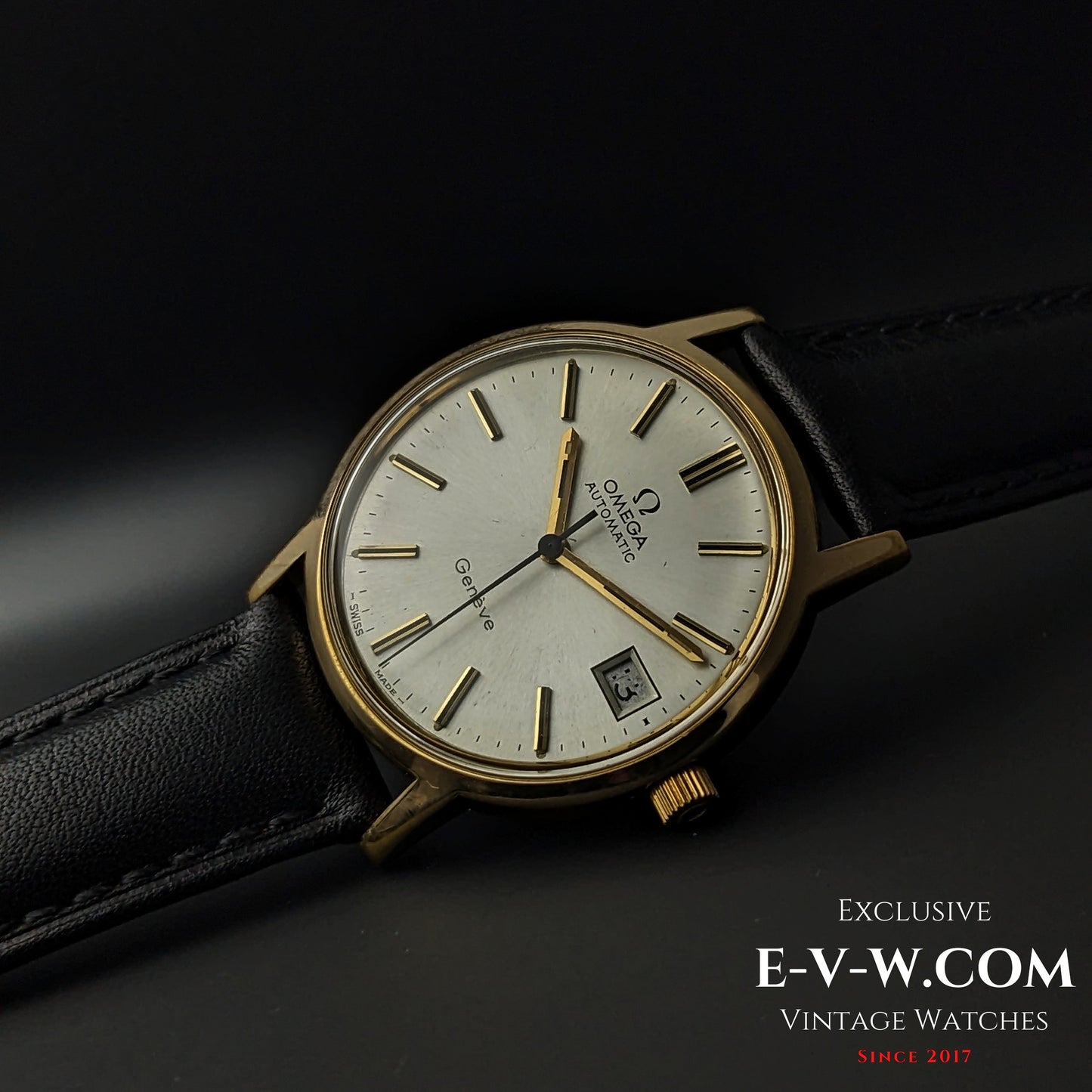 Angled view of Omega Geneve 1973 Watch Ref. 1660163 with gold case and silver dial, emphasizing vintage elegance and craftsmanship.