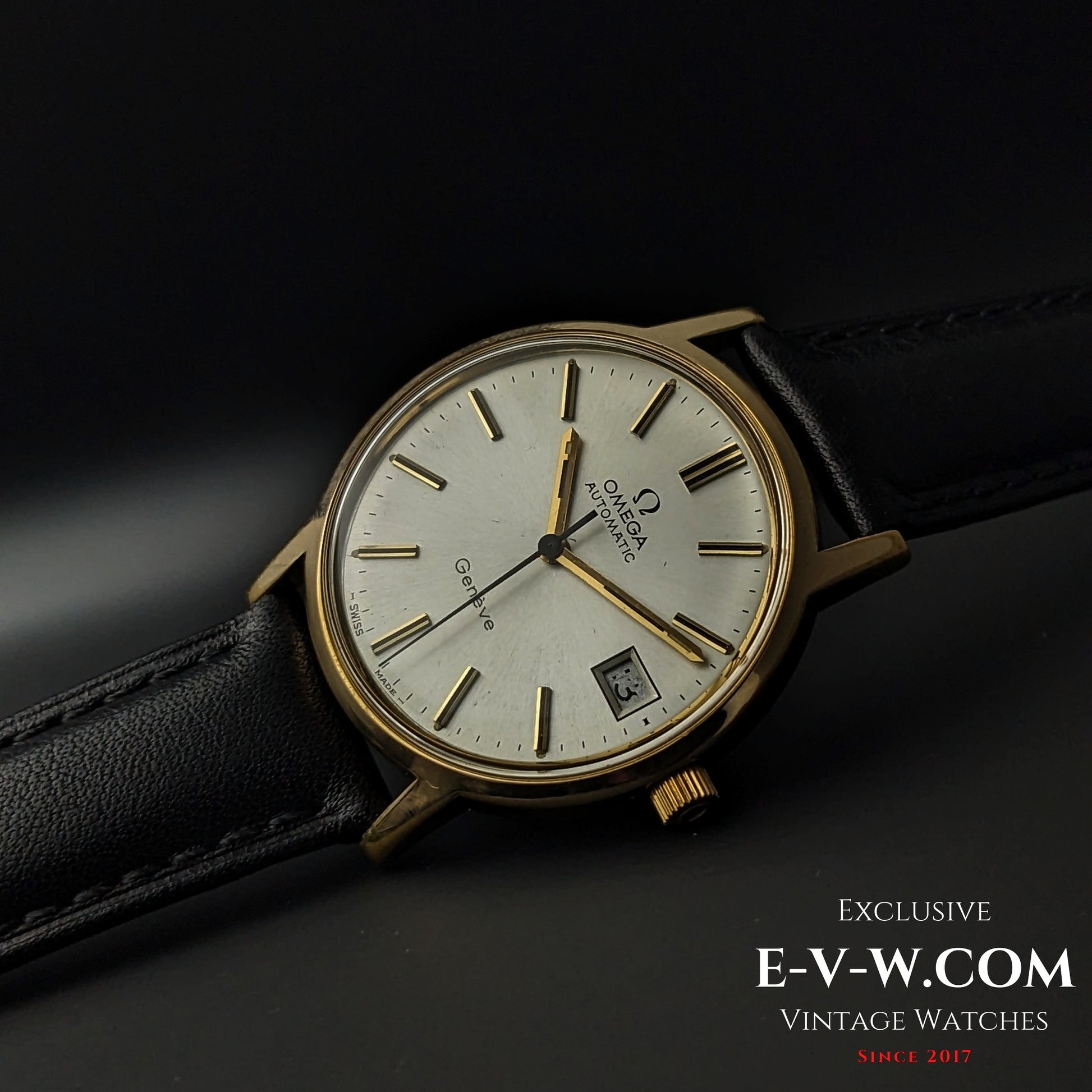 Angled view of Omega Geneve 1973 Watch Ref. 1660163 with gold case and silver dial, emphasizing vintage elegance and craftsmanship.