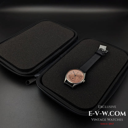 Omega Vintage 1952 Jumbo Ref. 2505 wristwatch inside a black protective case, ensuring safe storage and transport.