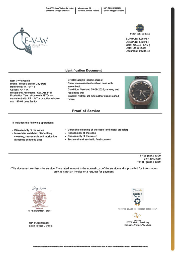 Enicar Day-Date | Réf. 147-01-13 | Calibre AR 1147 | Année 1970 | Révisée 