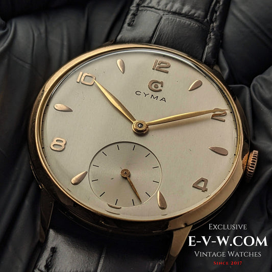 74 Years Old Vintage Cyma Jumbo 18k Gold / Cal. 586 / Vintage 1950 / e-v-w.com