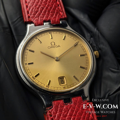 1957 Omega vintage 24-hour dial watch with gold-tone face, Roman numerals, and red leather strap, Ref. 3961016 Cal. 1436 for sale.