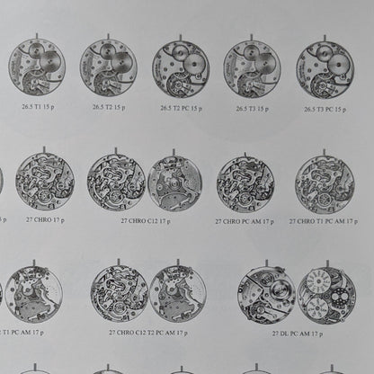 Reference chart displaying various Omega watch movements, including the 26.5SOBT2 caliber, used in vintage timepieces from the early 20th century.