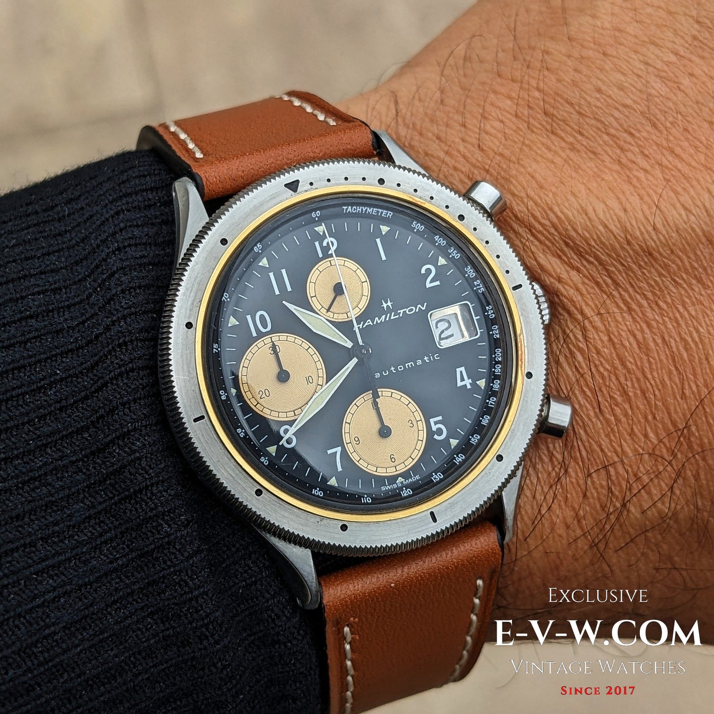 1980s Hamilton Lancaster Automatic Chronograph worn on wrist, showcasing its retro design, tachymeter scale, and collector-grade craftsmanship.