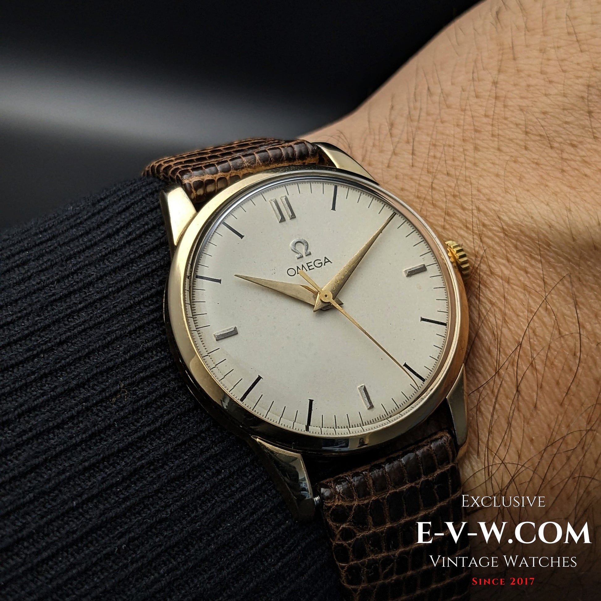 73-year-old Vintage Omega Classic Gold Plaque watch worn on wrist, showcasing its elegant design and historical charm from 1952.