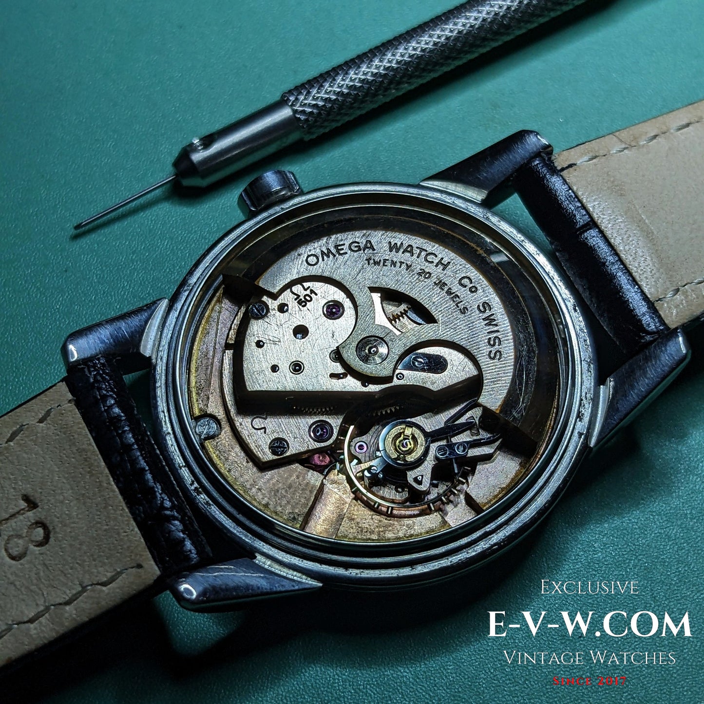 Exposed Caliber 501 movement of the Vintage 1958 Omega Seamaster Automatic Watch, highlighting intricate Swiss craftsmanship.