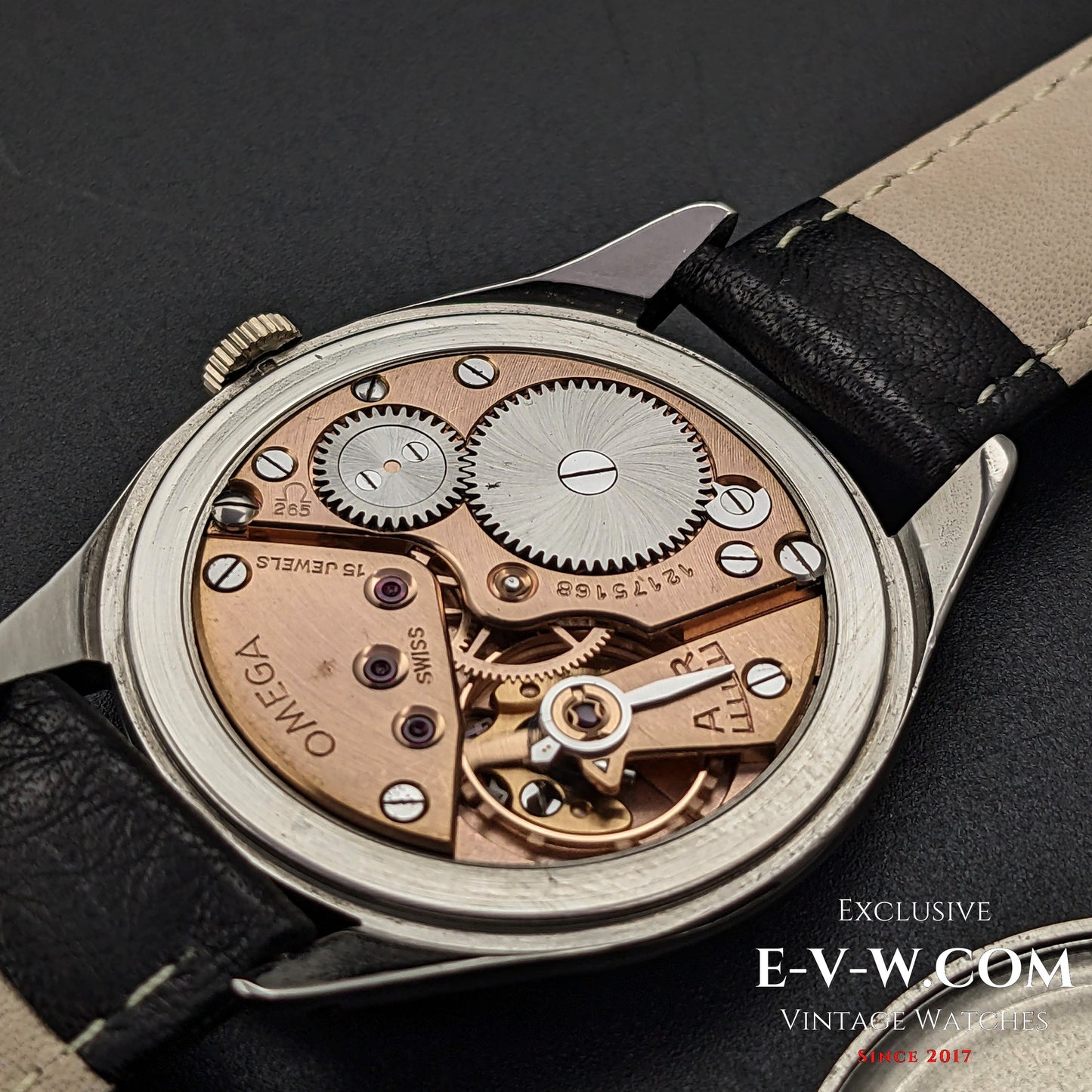 Detailed view of Omega Cal. 265 (30T2) movement inside the 1950 Omega Jumbo 38mm Ref. 2505 20, showcasing its intricate Swiss craftsmanship.