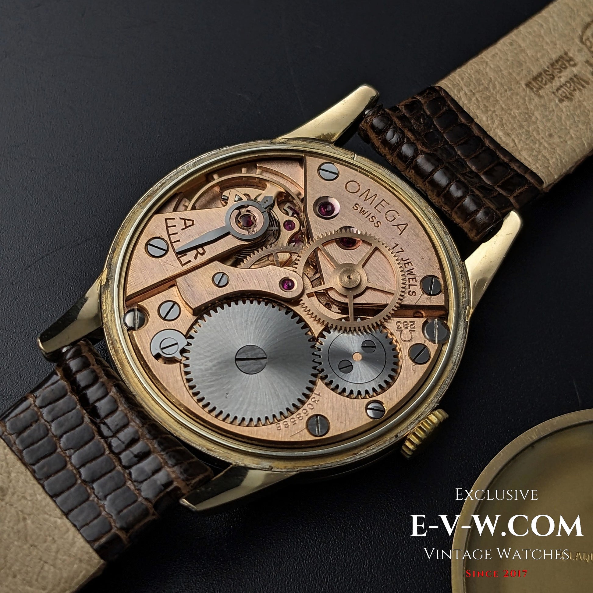 Close-up of the Omega Cal. 283 (30T2) movement inside the 1952 Vintage Omega Classic Gold Plaque watch, showcasing intricate mechanics.