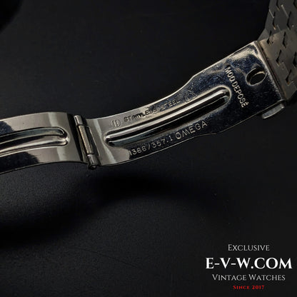 Close-up of Omega Equinoxe Reverso clasp showing stainless steel markings and model reference 1366/7357, emphasizing vintage authenticity.