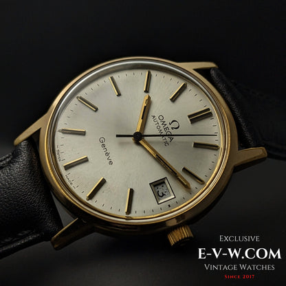 Omega Geneve 1973 Watch Ref. 1660163 close-up with date display and gold-tone hands, highlighting vintage Swiss design.