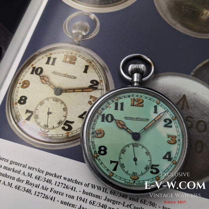 Jaeger-LeCoultre WWII Military Watch Cal. 467 Vintage 1940 displayed on a vintage watch book, emphasizing its historical design.