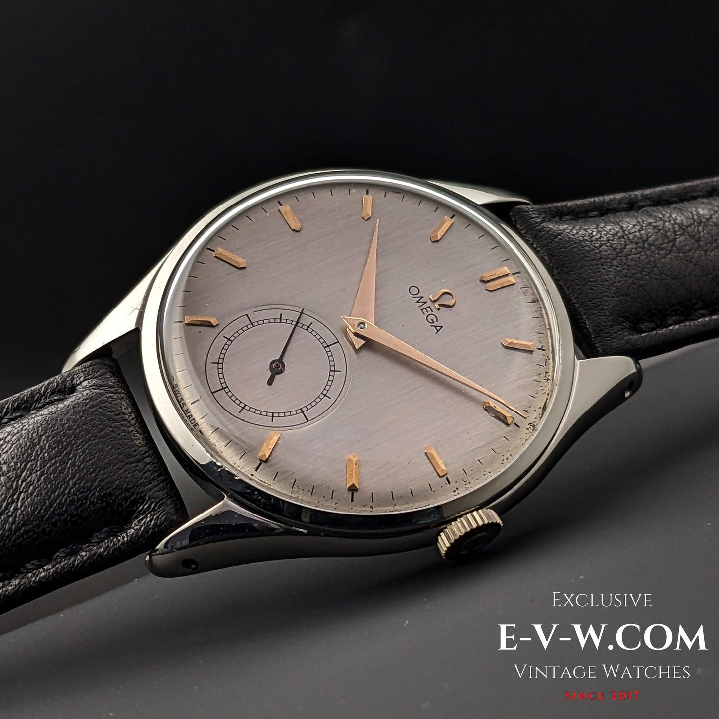 Side view of Omega Jumbo 38mm Ref. 2505 20 wristwatch, emphasizing its slim profile, polished case, and vintage design from 1950.