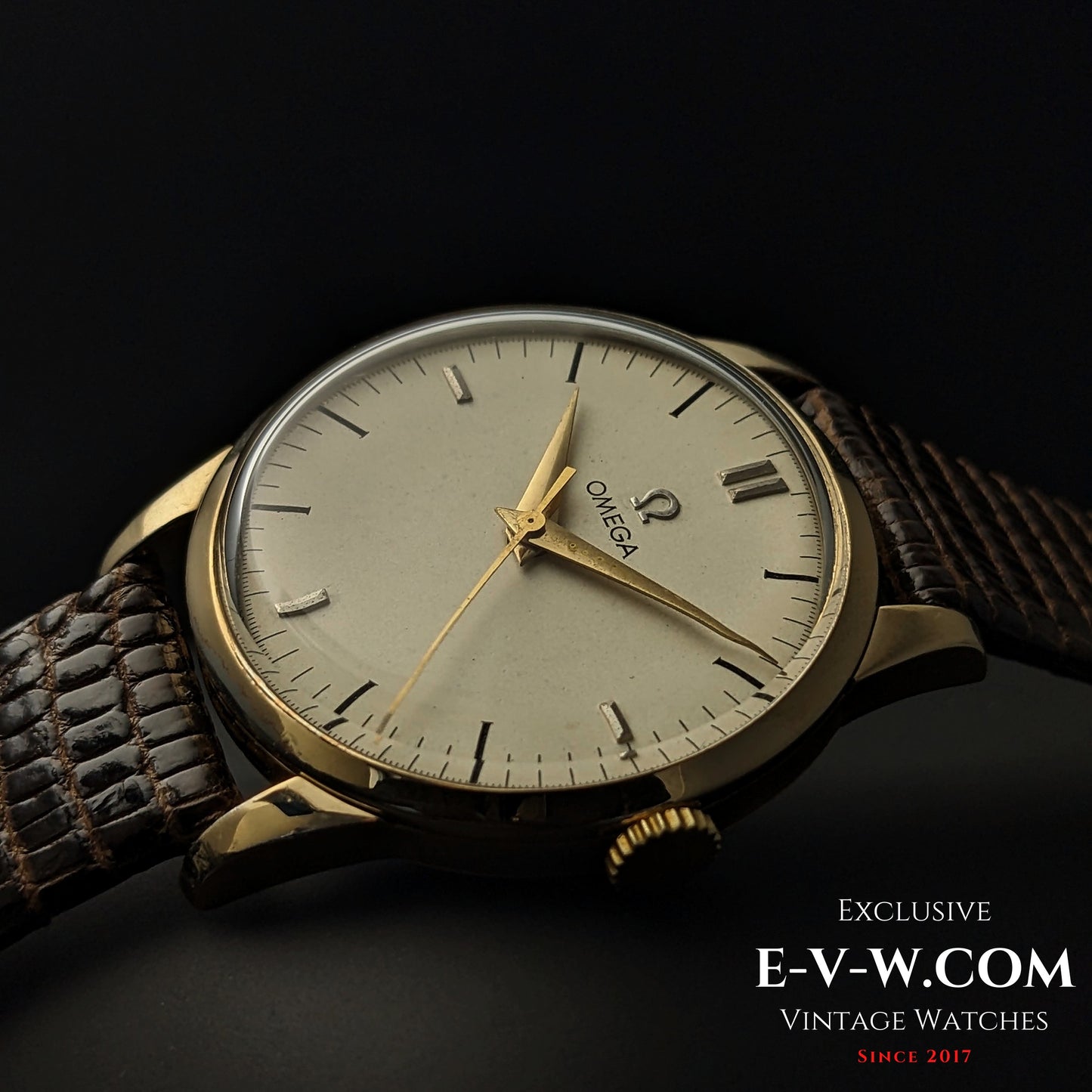 Side view of the Vintage Omega Classic Gold Plaque watch, highlighting its gold case, domed crystal, and elegant craftsmanship from 1952.