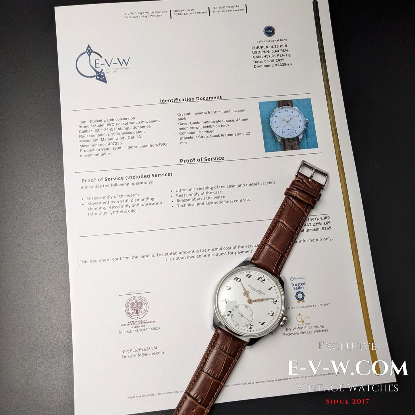 IWC Schaffhausen de 117 ans | Transformation de montre de poche en montre-bracelet | Cal. 53 SAv (48,3 cm H 16,5 cm) | Modèle ancien de 1908 | Révisée