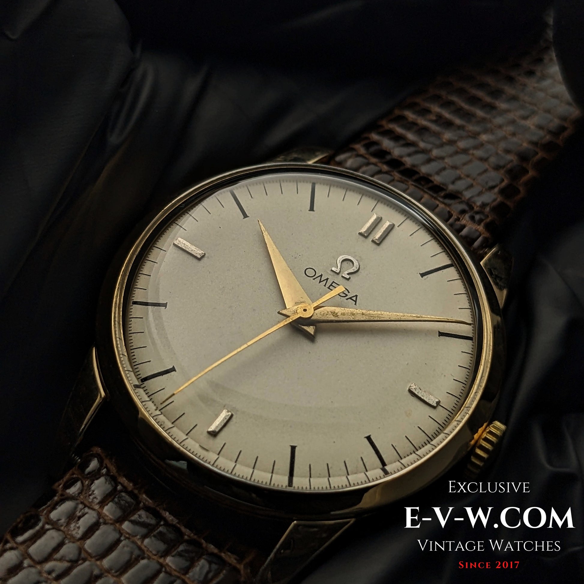 Close-up of the Omega Classic Gold Plaque watch dial, featuring gold hands, a minimalist design, and vintage charm from 1952.