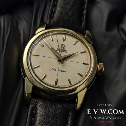 Detailed close-up of Omega Seamaster Ref. 2828-9SC Cal. 471 vintage watch with gold-tone case and cream dial on leather strap.
