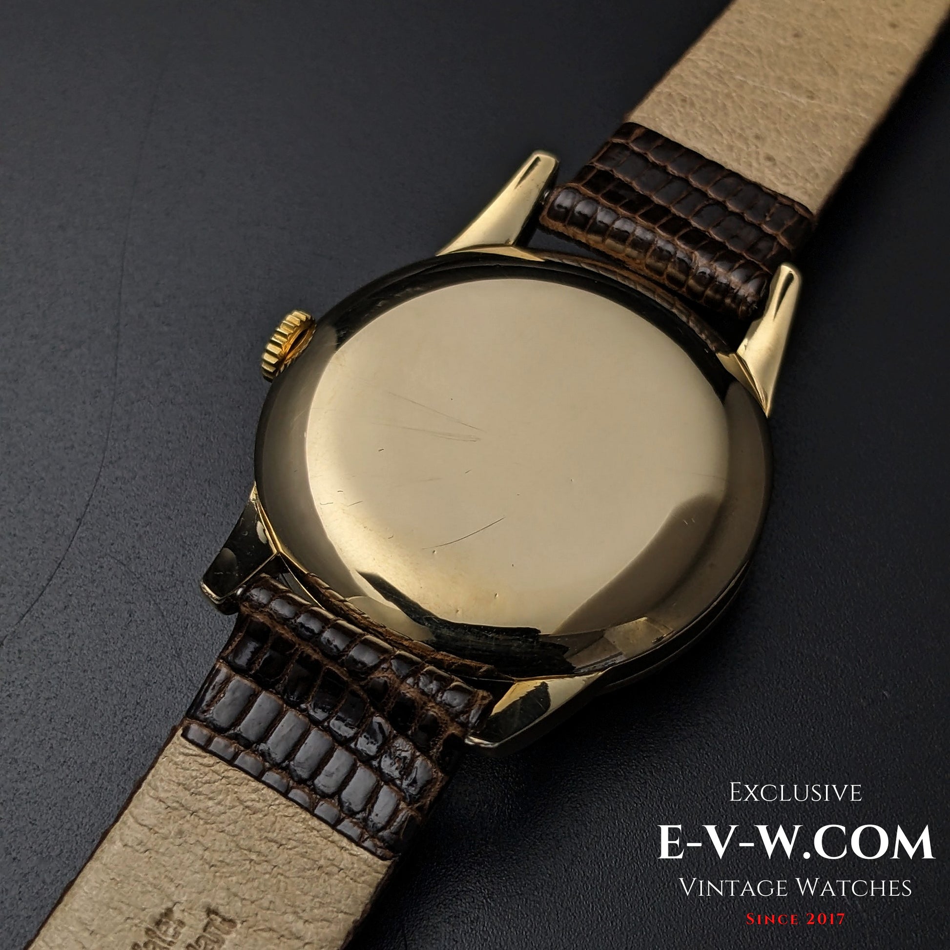 Back view of the Vintage Omega Classic Gold Plaque watch, showing its polished gold case and brown leather strap from 1952.