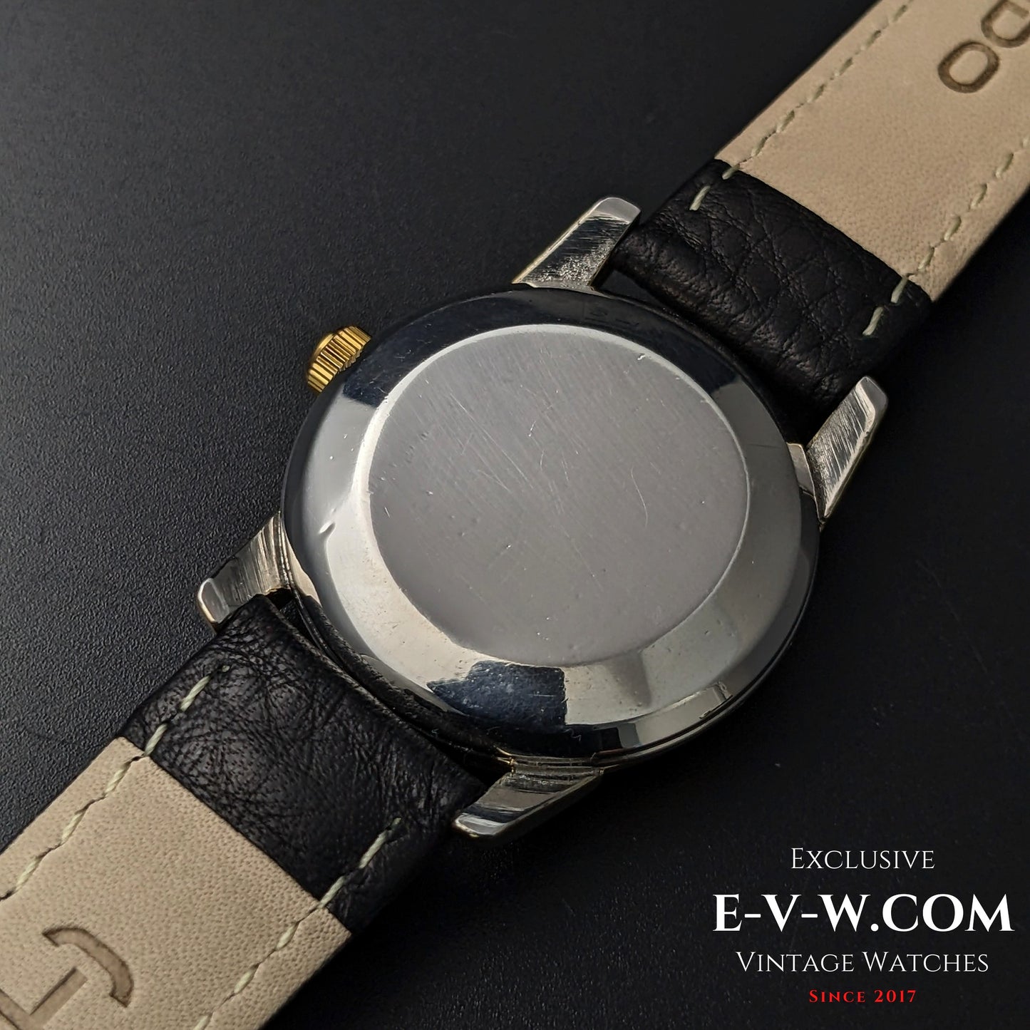 Back case of Omega Seamaster Ref. 2828-9SC Cal. 471 showing polished stainless steel surface and black leather strap.