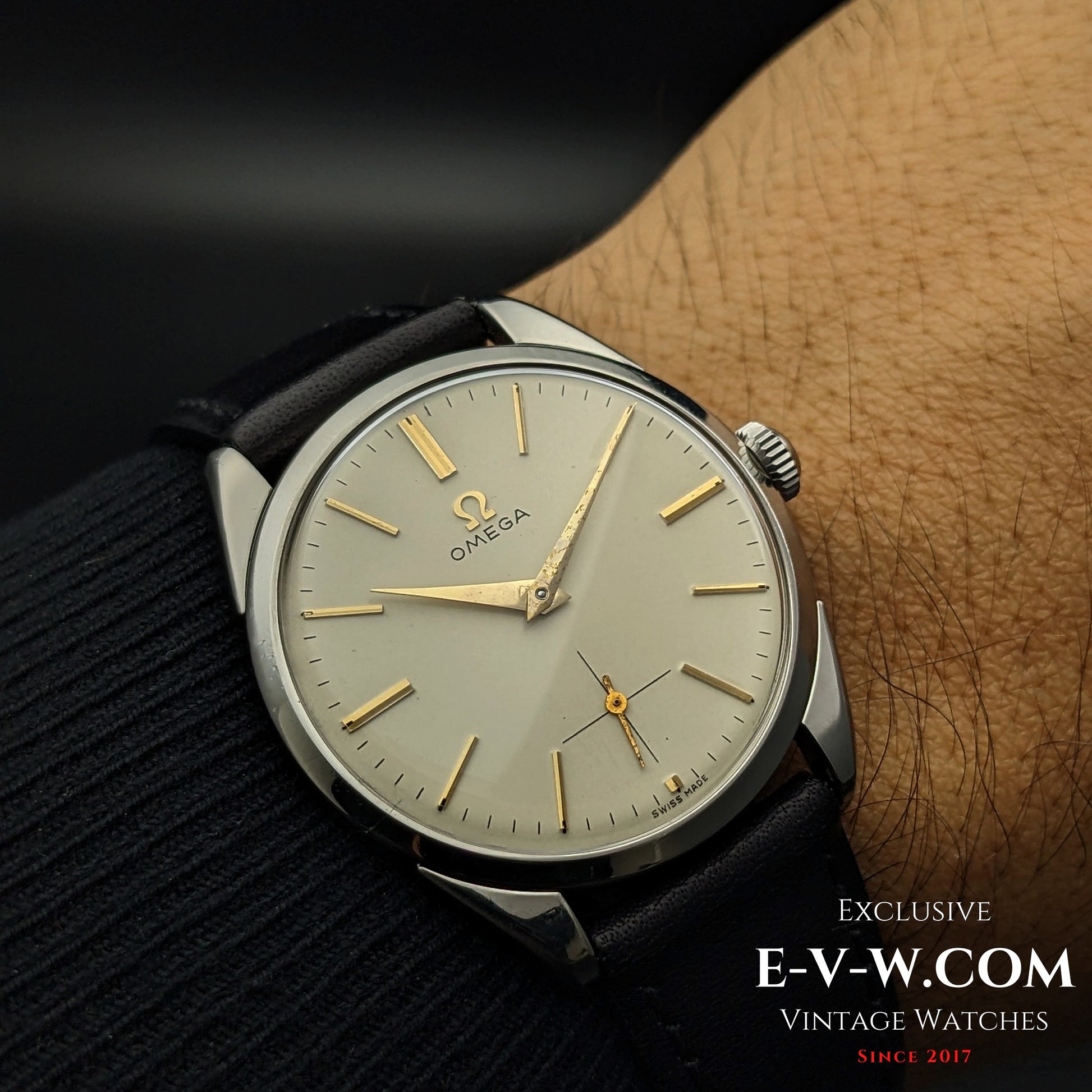 Vintage Omega CK 2900 wristwatch worn on wrist, showcasing its elegant design and rare Cal. 267 movement. A classic timepiece from 1956.
