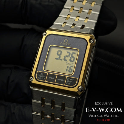 Digital face of 1982 Omega Equinoxe Watch - Vintage Precision showing time and date with functional buttons, perfect for vintage tech lovers.