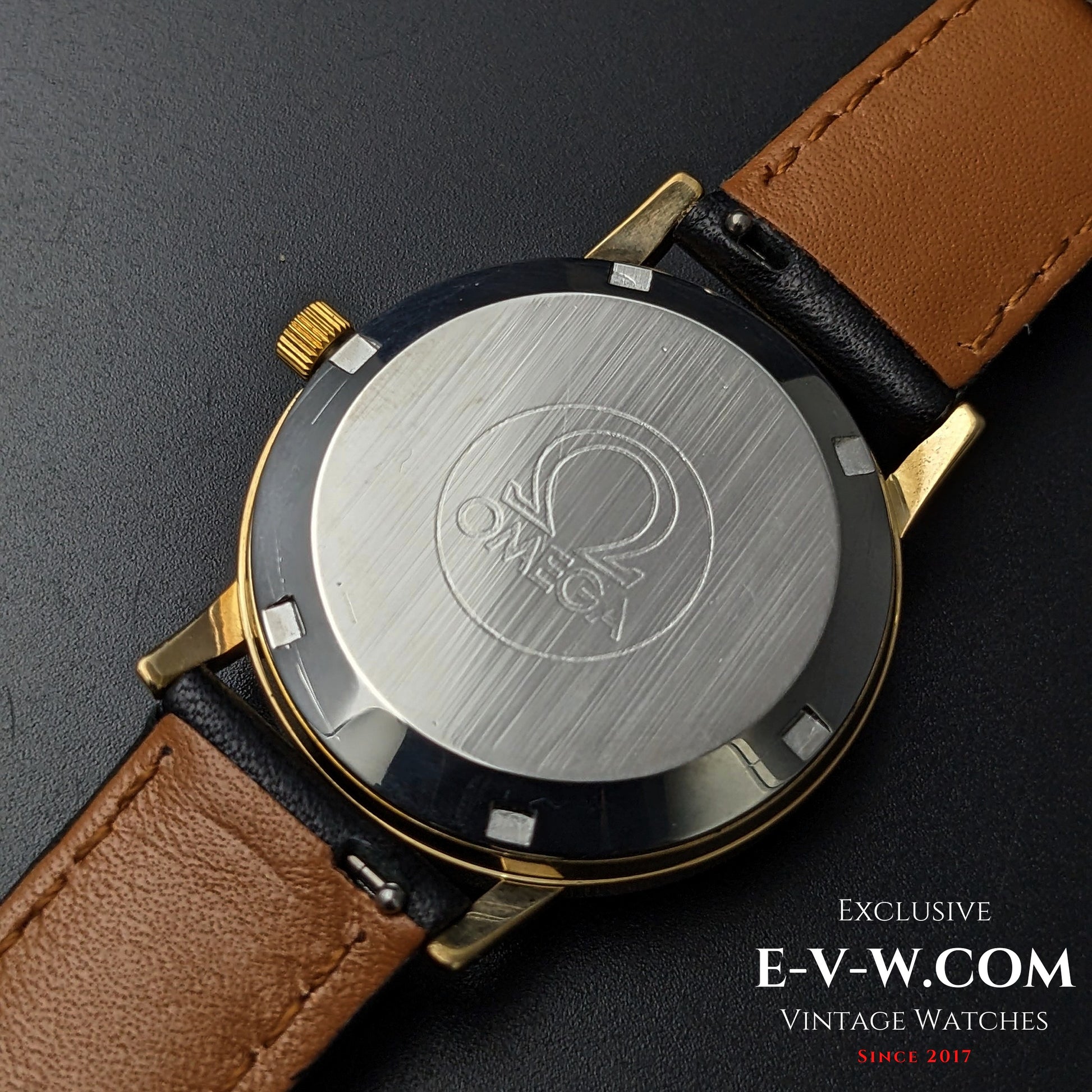 Back view of Omega Geneve 1973 Watch Ref. 1660163 showing stainless steel case back with engraved Omega logo.