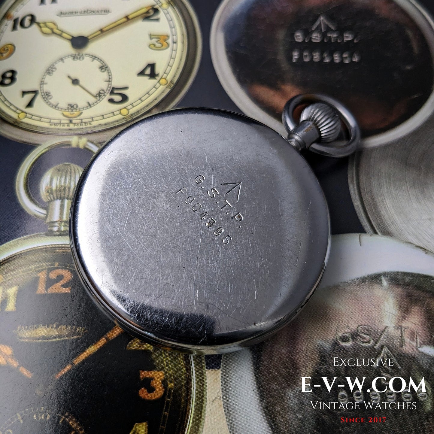 Back case of Jaeger-LeCoultre WWII Military Watch Cal. 467 Vintage 1940 engraved with G.S.T.P and broad arrow military markings.