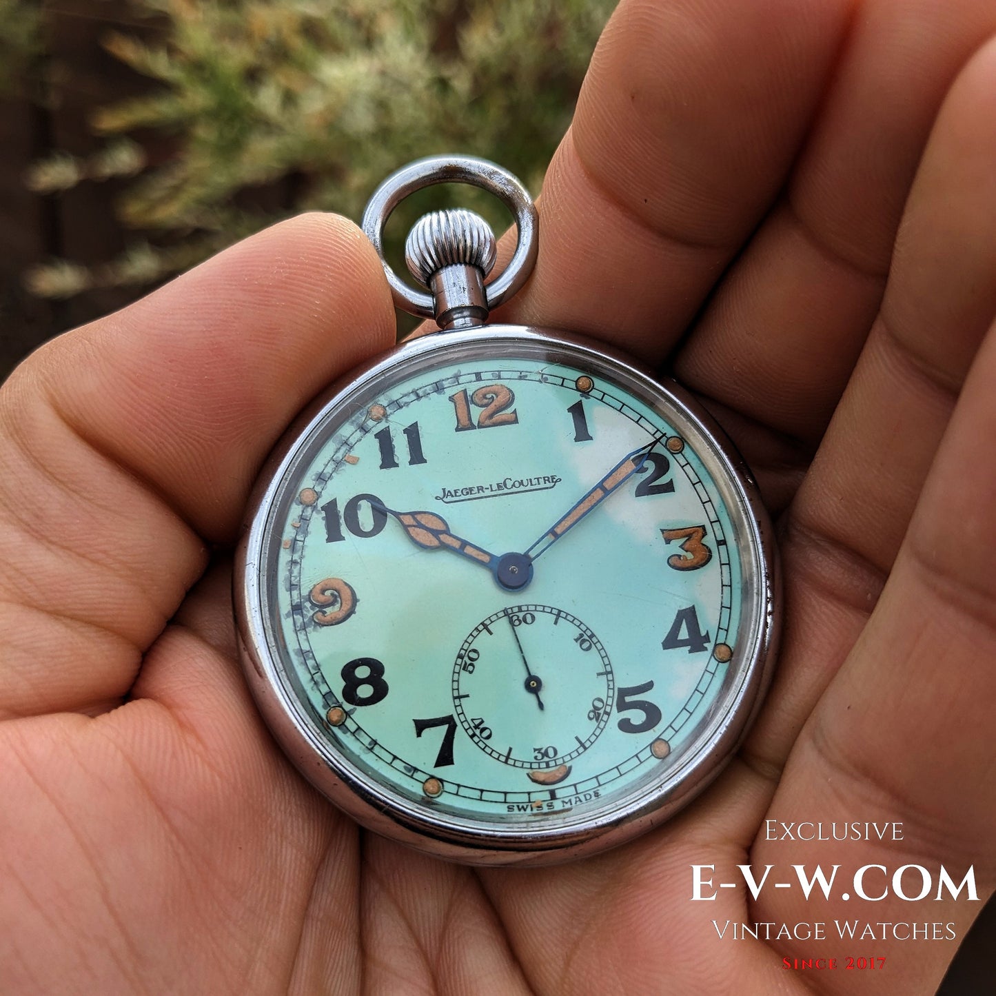 Jaeger-LeCoultre WWII Military Watch Cal. 467 Vintage 1940 held in hand, showing its vintage dial and military styling.