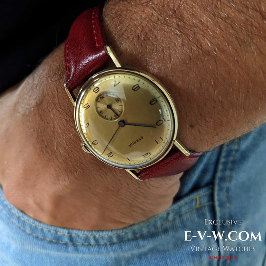 Montre Eterna vintage en or 14 carats, 84 ans, Seconde Guerre mondiale, calibre 1020, millésime 1941, révisée. 