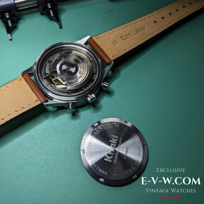 Open caseback of Hamilton Lancaster Automatic Chronograph showing Cal. LWO 283 movement and engraved stainless steel back cover.