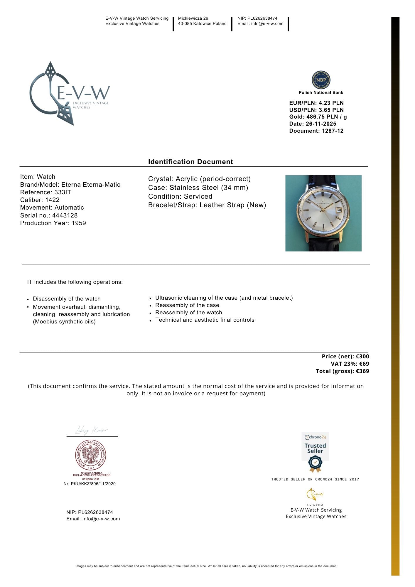 Montre Eterna-Matic Vintage 1963 | Calibre de précision 1422 | Révisée 