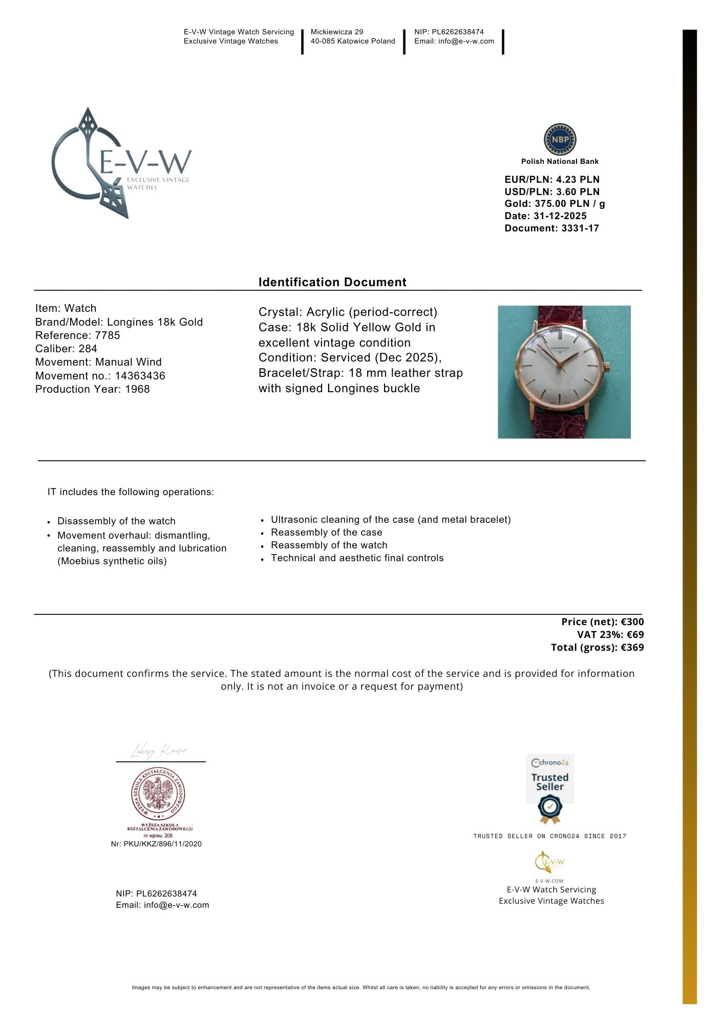 Montre Longines vintage de 1968 en or massif 18 carats, réf. 7785 - Cal. 284 / Révisée