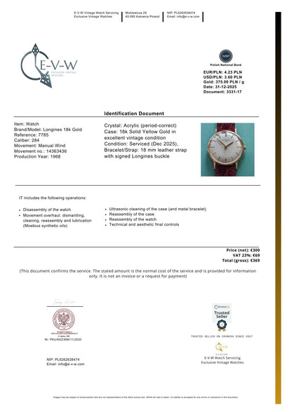 Montre Longines vintage de 1968 en or massif 18 carats, réf. 7785 - Cal. 284 / Révisée