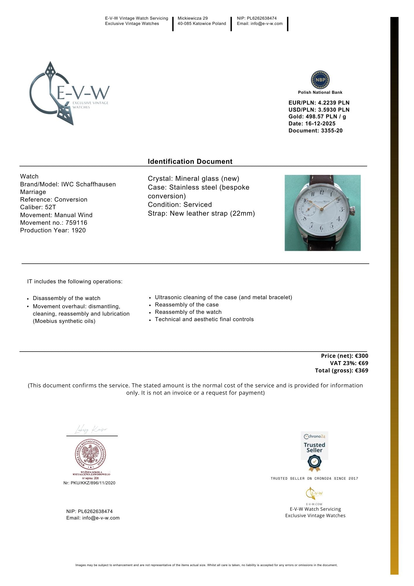 Montre de mariage IWC Schaffhausen | Mécanisme vintage des années 1920 | Révisée