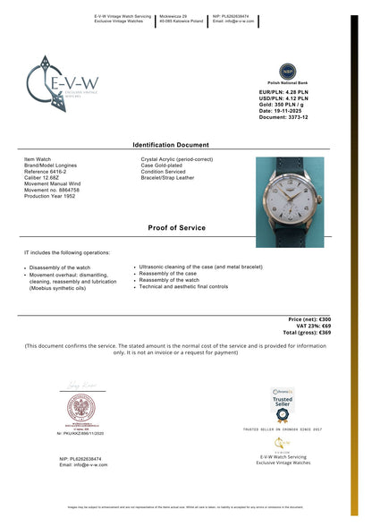 Montre Longines Crab Lugs de 73 ans | Réf. 6416-2 | Calibre légendaire 12.68Z | Vintage 1952