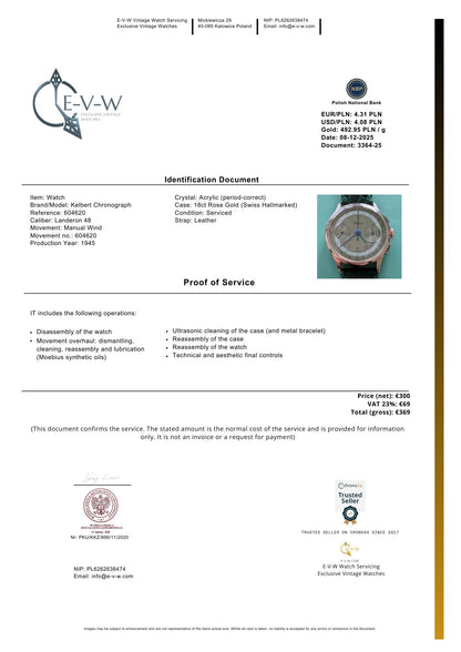 Chronographe Kelbert en or rose 18 carats, montre des années 1940 / Révisée 