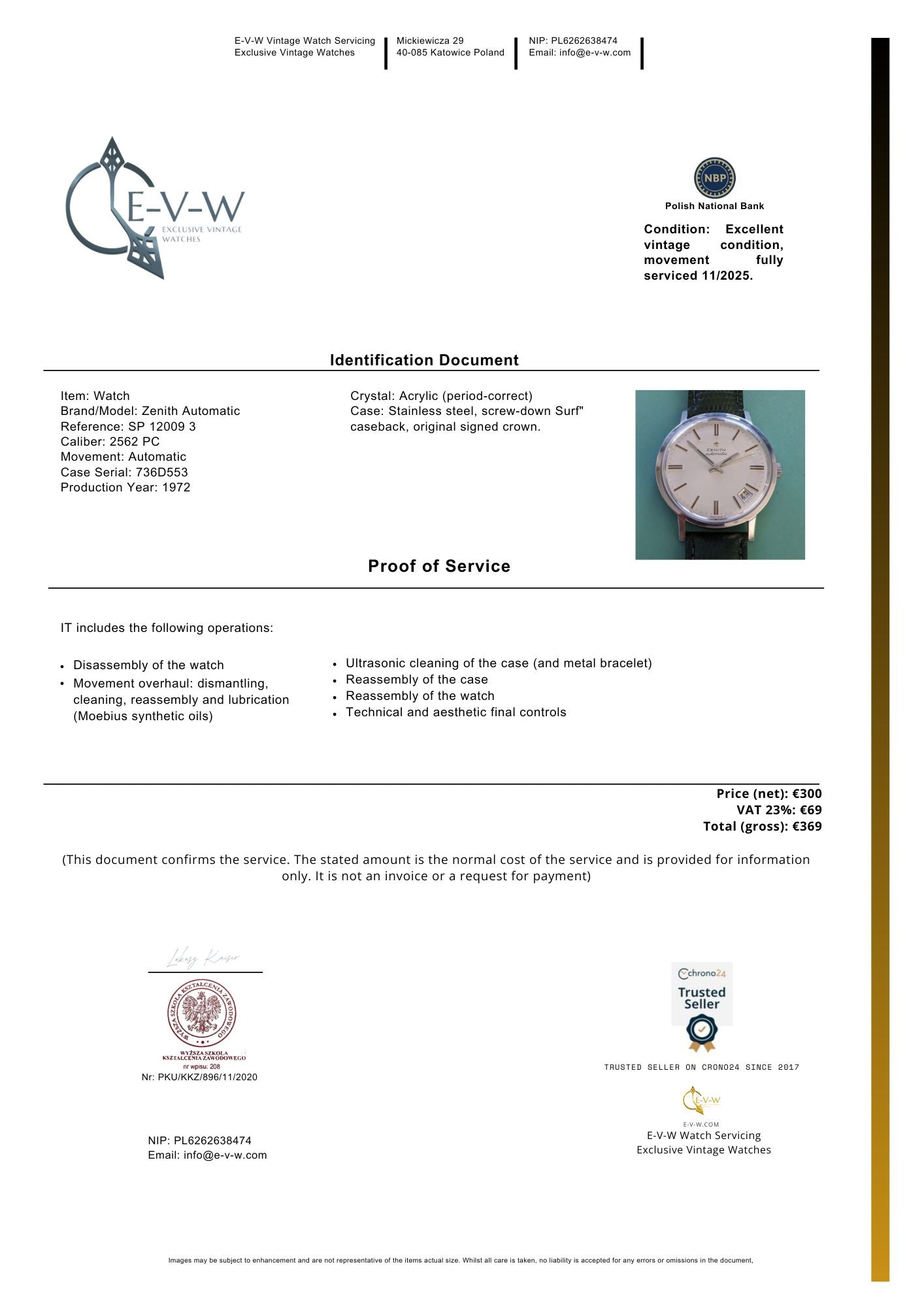 Montre Zenith automatique vintage de 1972, calibre 2562 PC | Réf. SP 12009 3 | Révisée