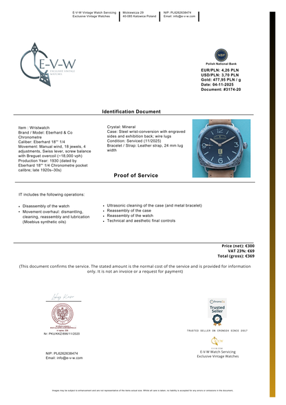 Transformation ancienne Eberhard &amp; Co des années 1920, avec mouvement de montre de poche à 18 rubis et fond transparent.