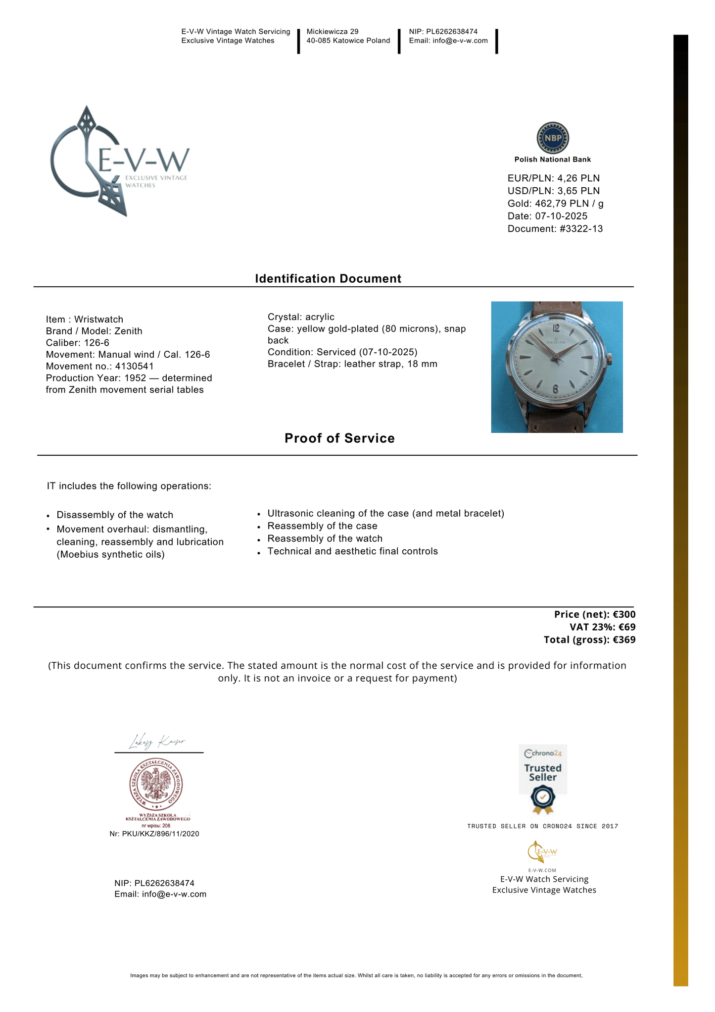 Montre habillée Zenith de 73 ans | Plaqué or | Calibre 126-6 | Vintage 1952 | Révisée