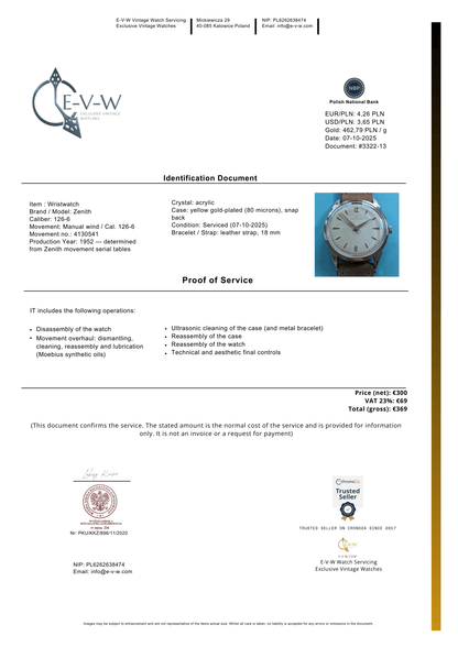 Montre habillée Zenith de 73 ans | Plaqué or | Calibre 126-6 | Vintage 1952 | Révisée