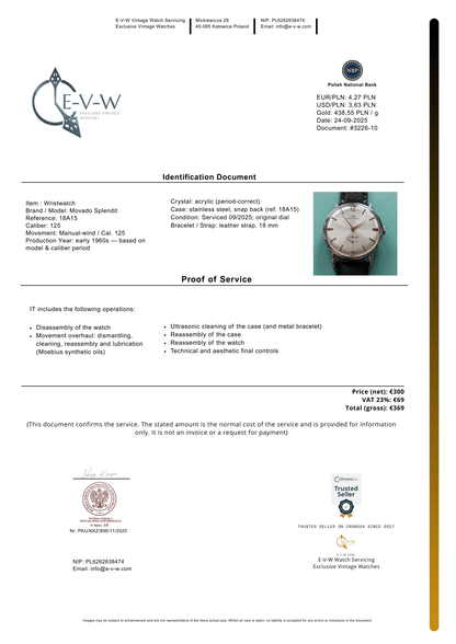 Début des années 1960 — Movado Splendit | Réf. 18A15 | Cal. 125 | Millésime 1960 | Révisée 