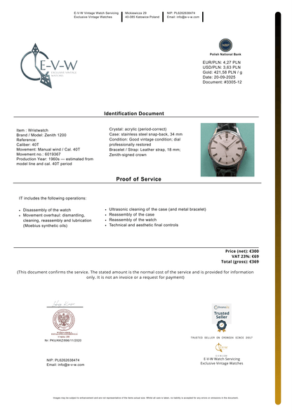 Années 1960 — Zenith 1200 | Cal. 40T | Vintage | Révisée 