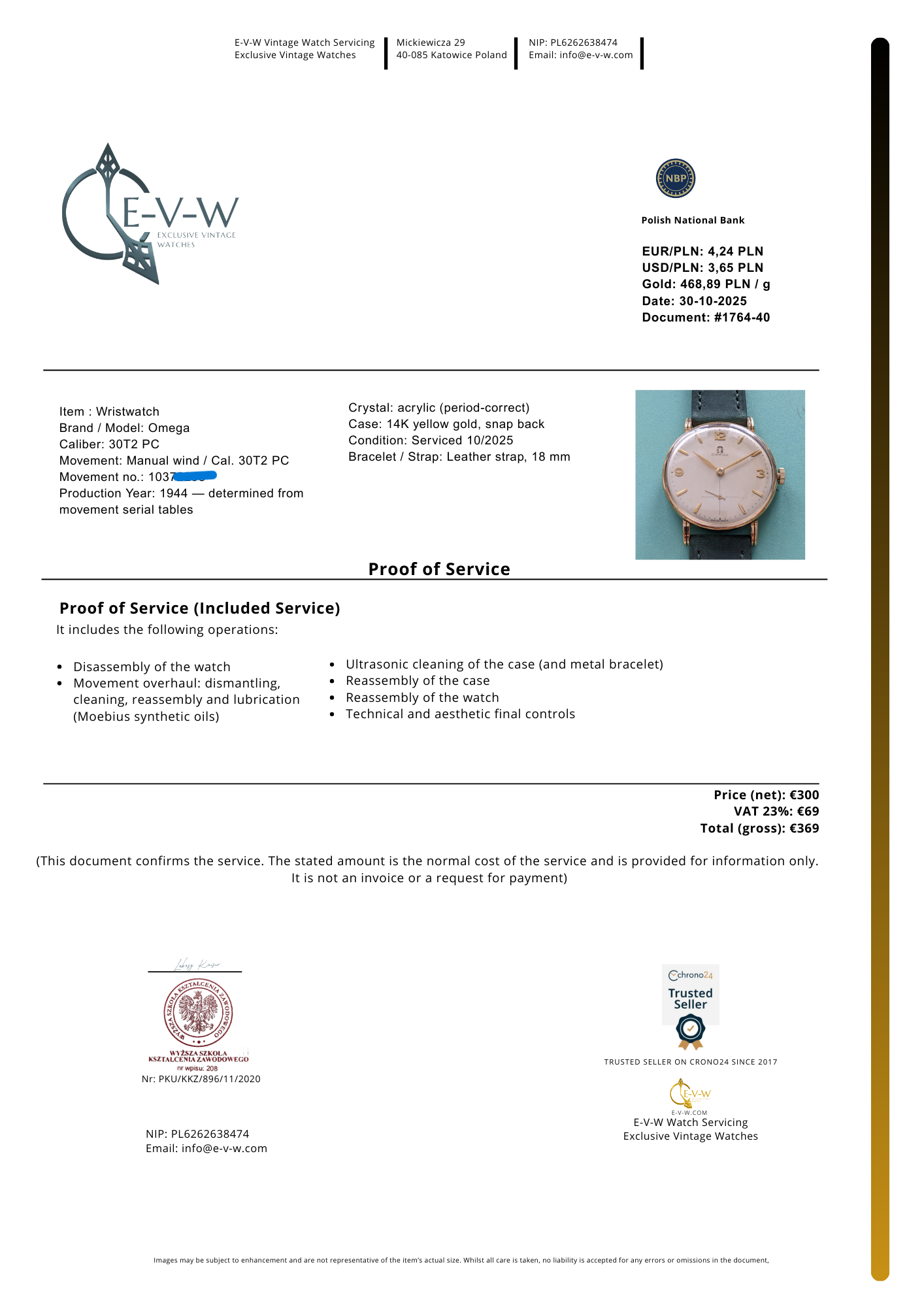 Omega en or 14 carats, 81 ans | Calibre 30T2 PC | Année 1944 | Révisée